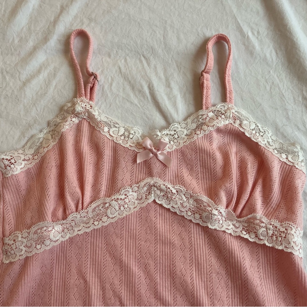 Pink and White Lace Trim Tank Top